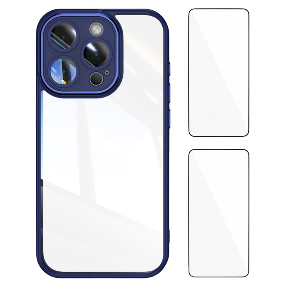 WANLONFENG For iPhone 16 Pro Max TPU Case with 2Pcs Tempered Glass Film Drop-Proof Clear Phone Cover - Blue