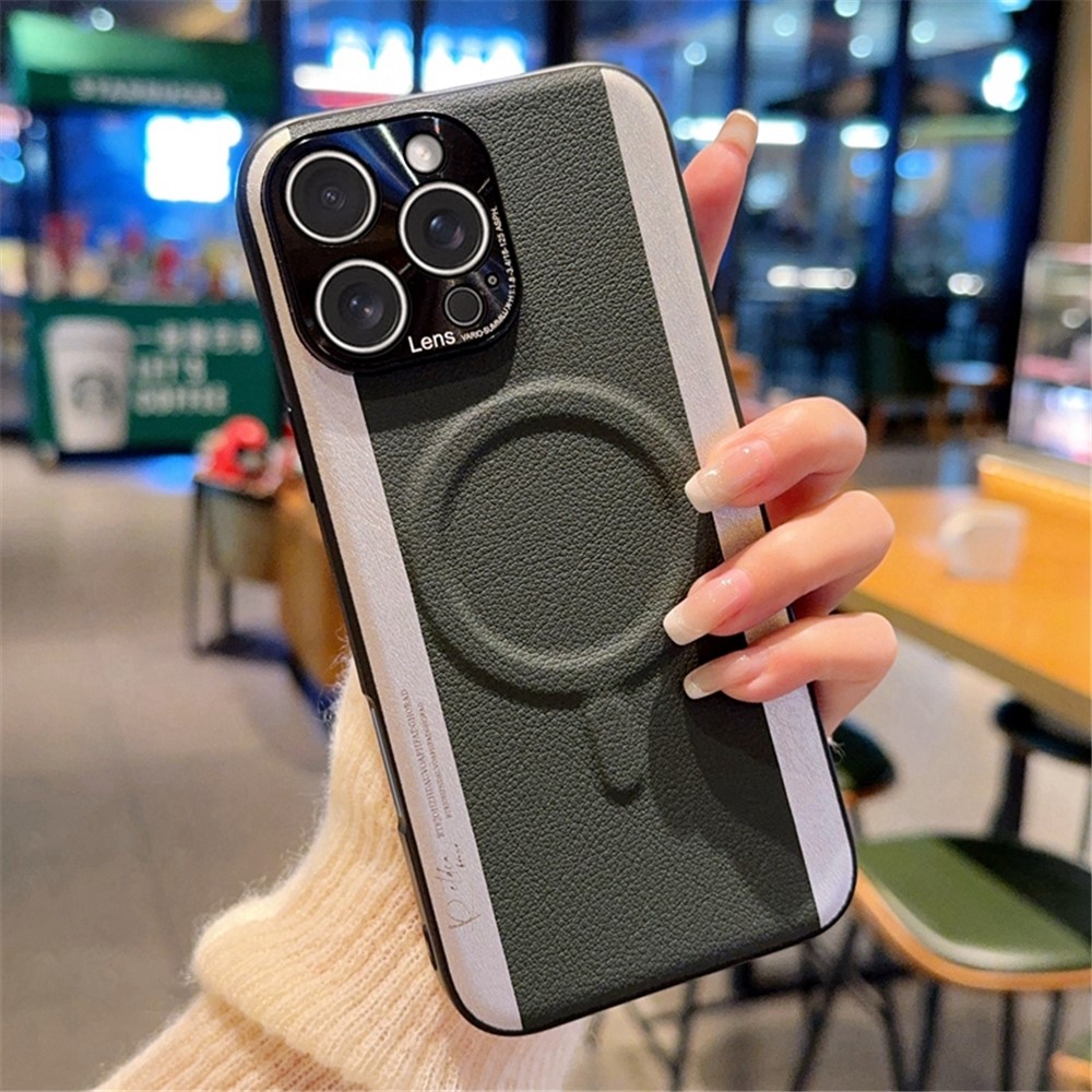 For iPhone 16 Pro Max Case Compatible with MagSafe Splicing Color PC + PU Leather Phone Back Cover - Army Green