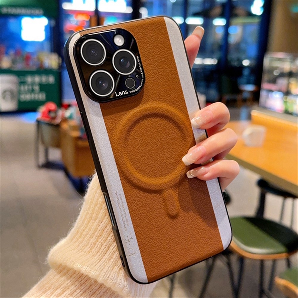 For iPhone 16 Pro Max Case Compatible with MagSafe Splicing Color PC + PU Leather Phone Back Cover - Brown