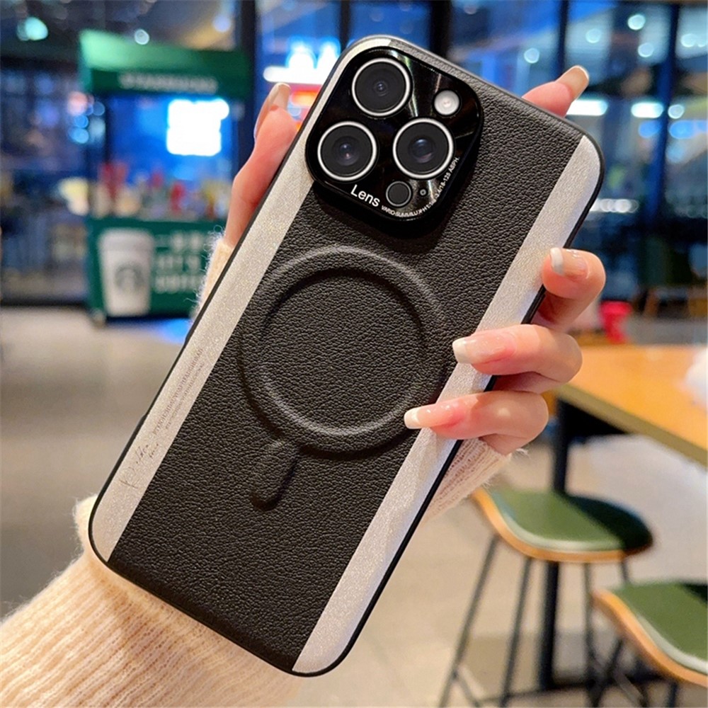 For iPhone 15 Pro Case Compatible with MagSafe Splicing Color PC + PU Leather Phone Back Cover - Black