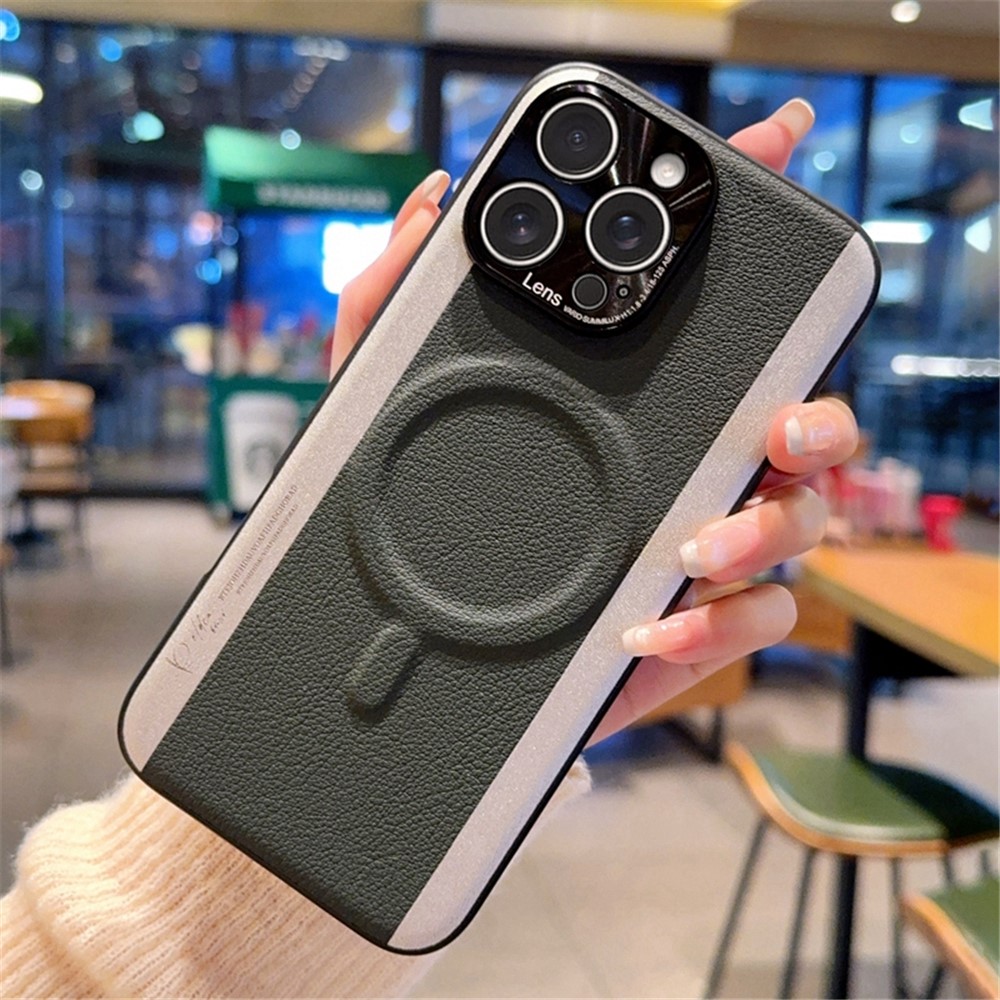 For iPhone 15 Pro Case Compatible with MagSafe Splicing Color PC + PU Leather Phone Back Cover - Army Green