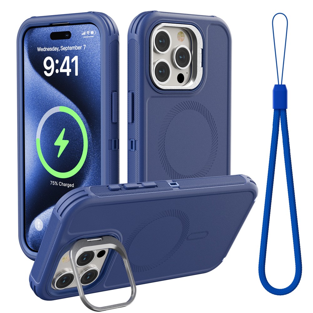 For iPhone 15 Pro Magnetic Case Lens Kickstand 3 in 1 Detachable TPU + PC Phone Back Cover with Lanyard - Dark Blue