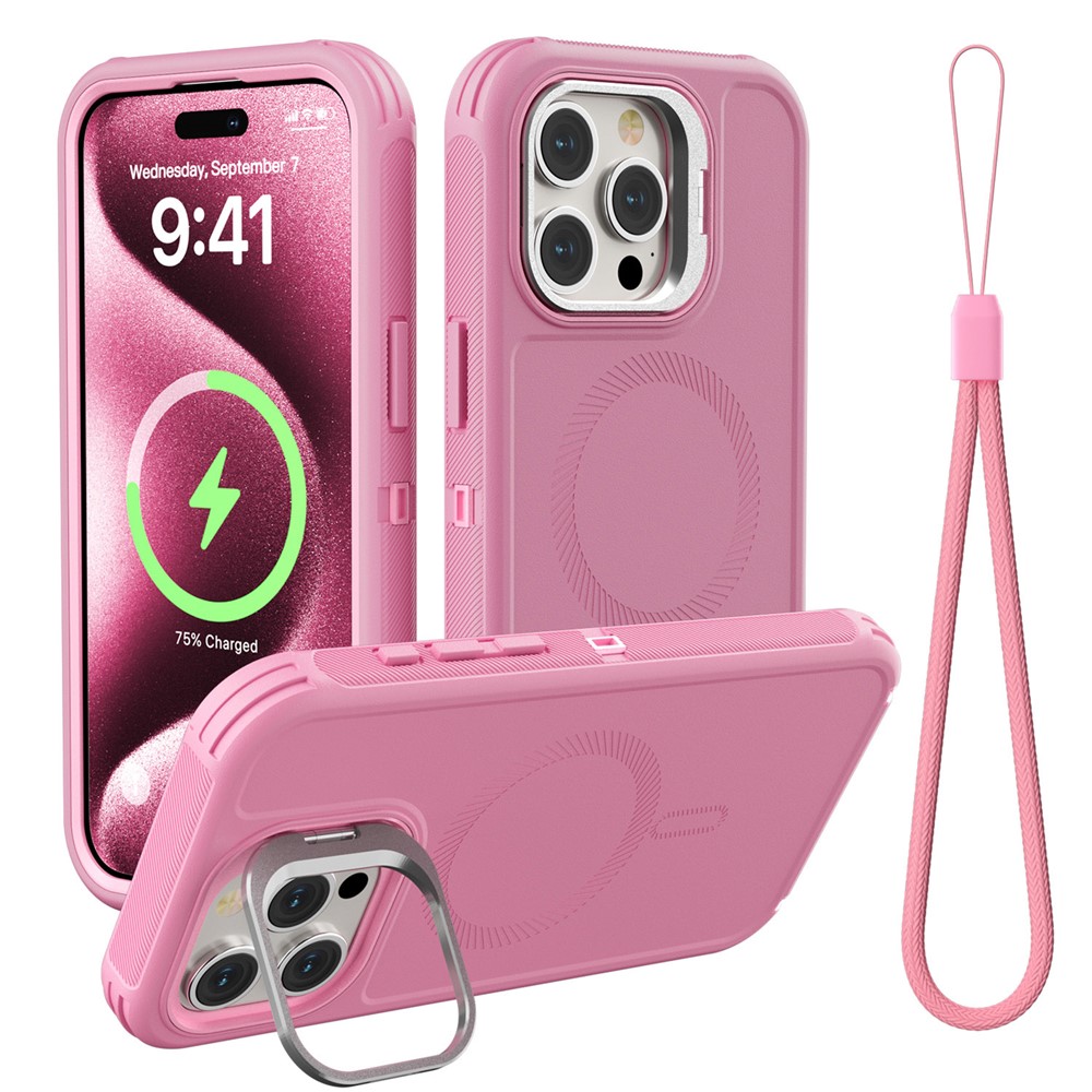 For iPhone 15 Pro Magnetic Case Lens Kickstand 3 in 1 Detachable TPU + PC Phone Back Cover with Lanyard - Pink