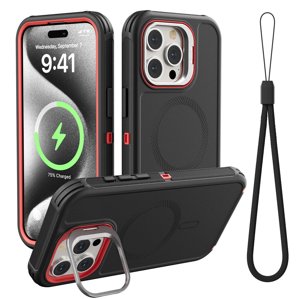 For iPhone 15 Pro Magnetic Case Lens Kickstand 3 in 1 Detachable TPU + PC Phone Back Cover with Lanyard - Black  /  Red