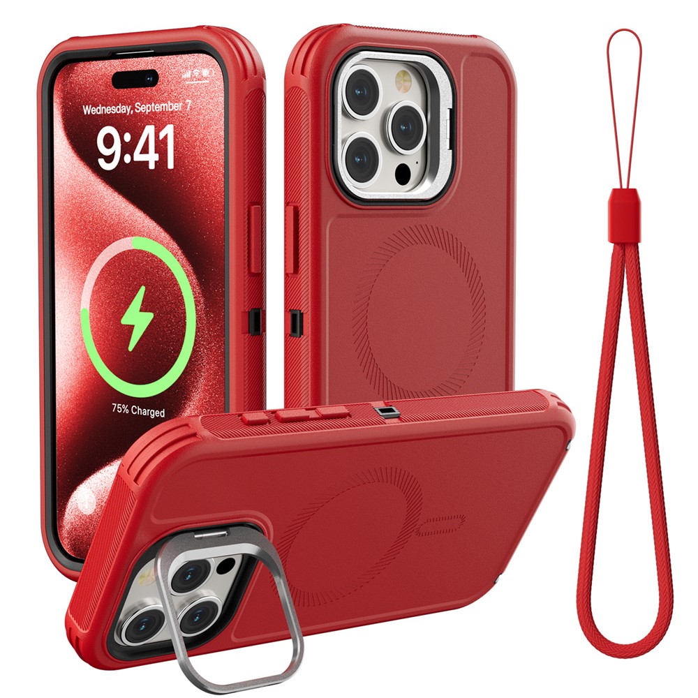 For iPhone 15 Pro Magnetic Case Lens Kickstand 3 in 1 Detachable TPU + PC Phone Back Cover with Lanyard - Red