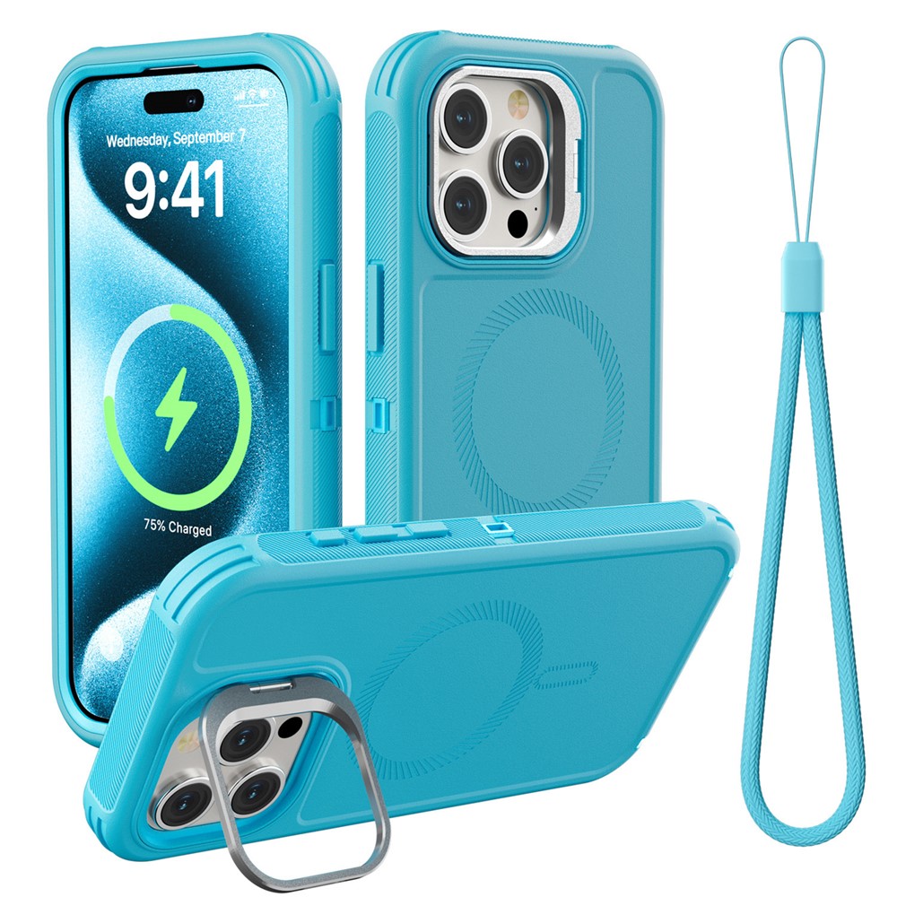 For iPhone 15 Pro Magnetic Case Lens Kickstand 3 in 1 Detachable TPU + PC Phone Back Cover with Lanyard - Blue