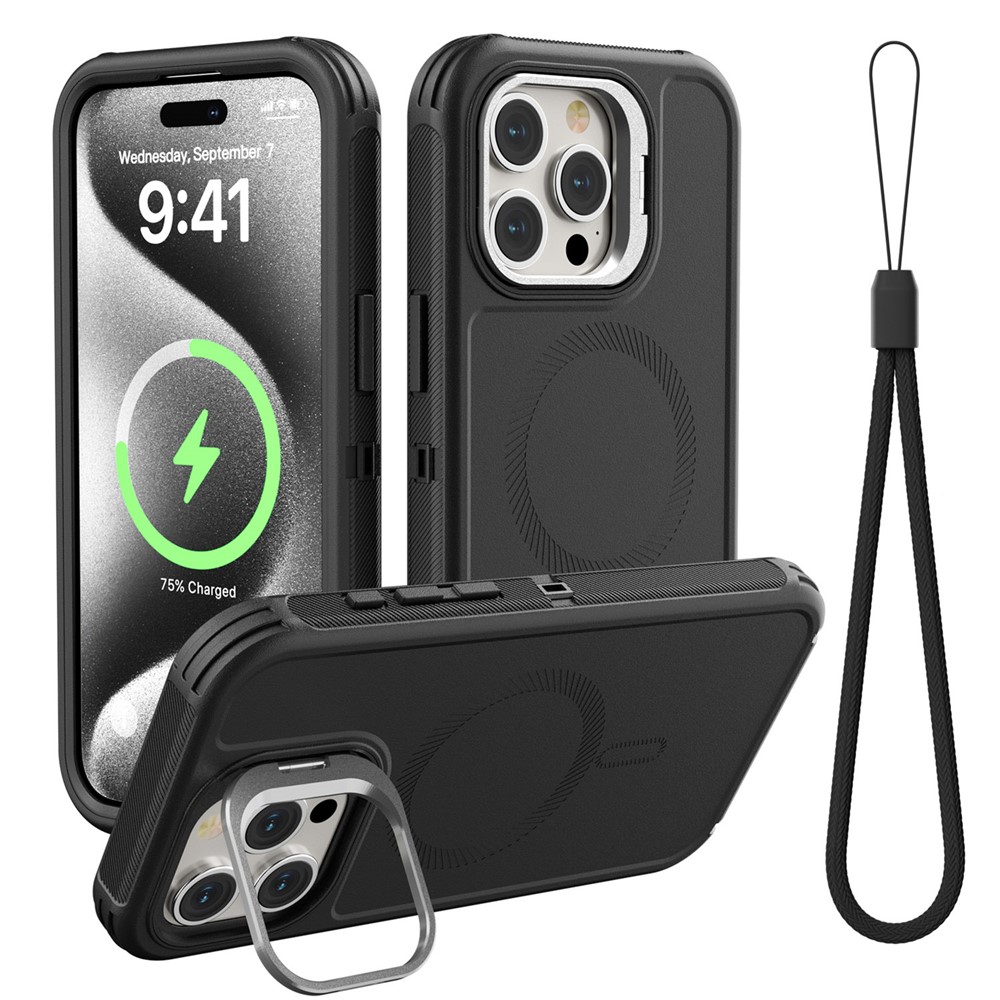 For iPhone 15 Pro Max Magnetic Case Lens Kickstand 3 in 1 Detachable TPU + PC Phone Back Cover with Lanyard - Black
