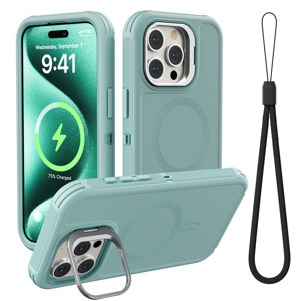 For iPhone 15 Pro Max Magnetic Case Lens Kickstand 3 in 1 Detachable TPU + PC Phone Back Cover with Lanyard - Cyan