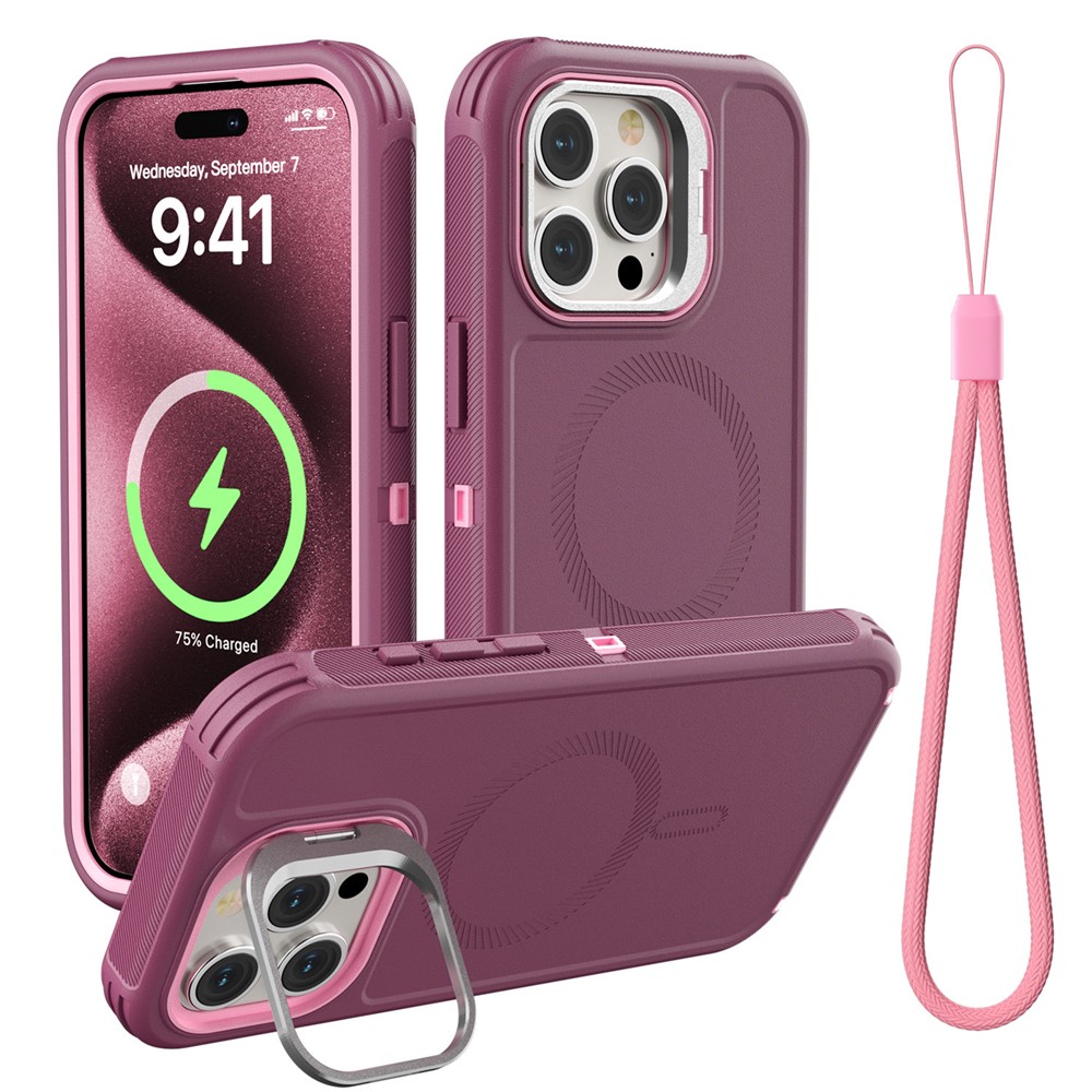For iPhone 15 Pro Max Magnetic Case Lens Kickstand 3 in 1 Detachable TPU + PC Phone Back Cover with Lanyard - Wine Red