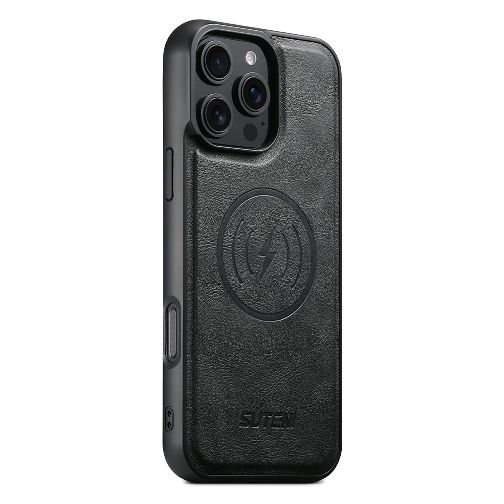 SUTENI G5 For iPhone 16 Pro Max Case Compatible with MagSafe Cowhide Texture Leather Back Cover - Black