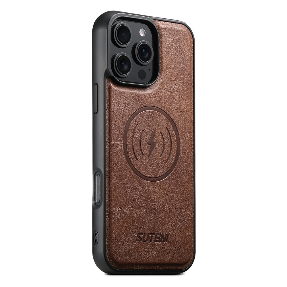 SUTENI G5 For iPhone 16 Pro Max Case Compatible with MagSafe Cowhide Texture Leather Back Cover - Brown