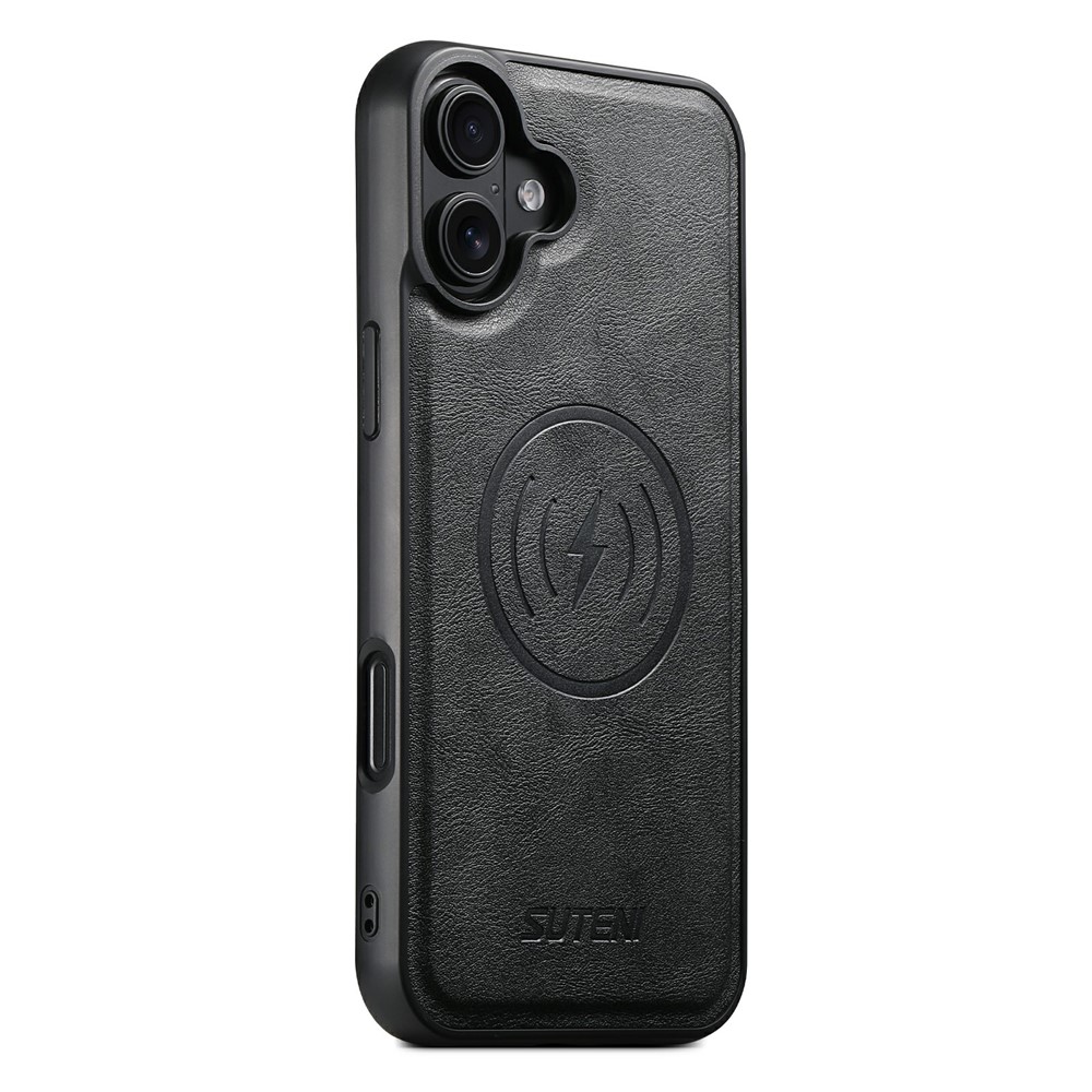 SUTENI G5 For iPhone 16 Plus Case Compatible with MagSafe Cowhide Texture Leather Back Cover - Black