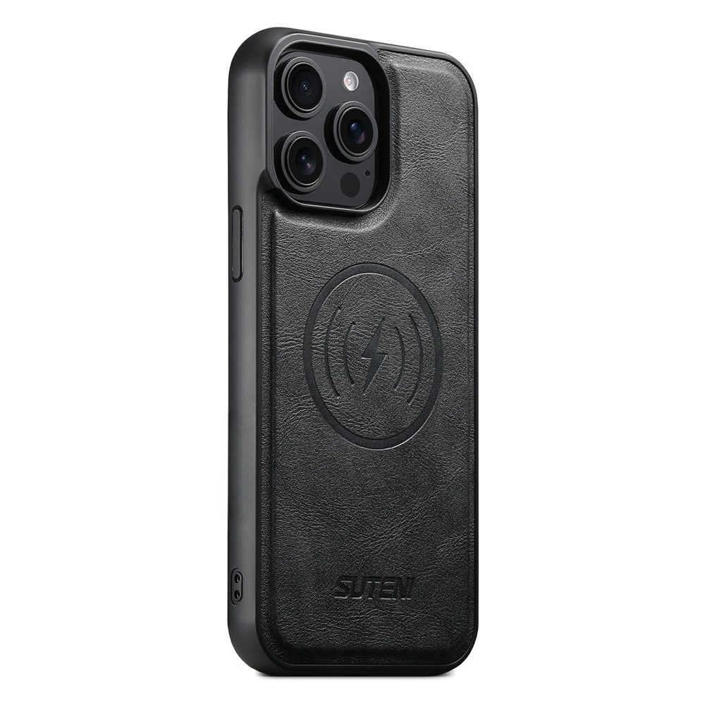 SUTENI G5 For iPhone 15 Pro Max Case Compatible with MagSafe Cowhide Texture Leather Back Cover - Black