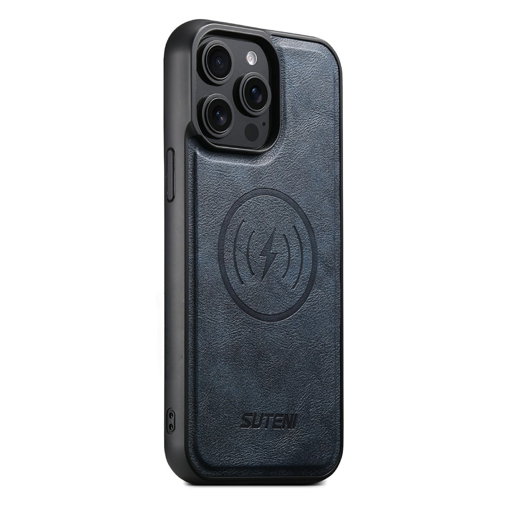 SUTENI G5 For iPhone 15 Pro Max Case Compatible with MagSafe Cowhide Texture Leather Back Cover - Blue