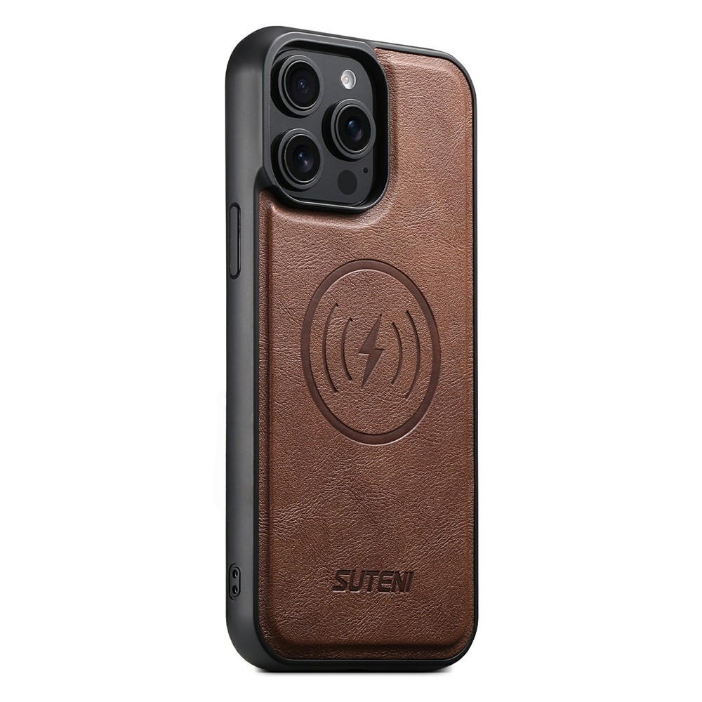 SUTENI G5 For iPhone 15 Pro Case Compatible with MagSafe Cowhide Texture Leather Back Cover - Brown