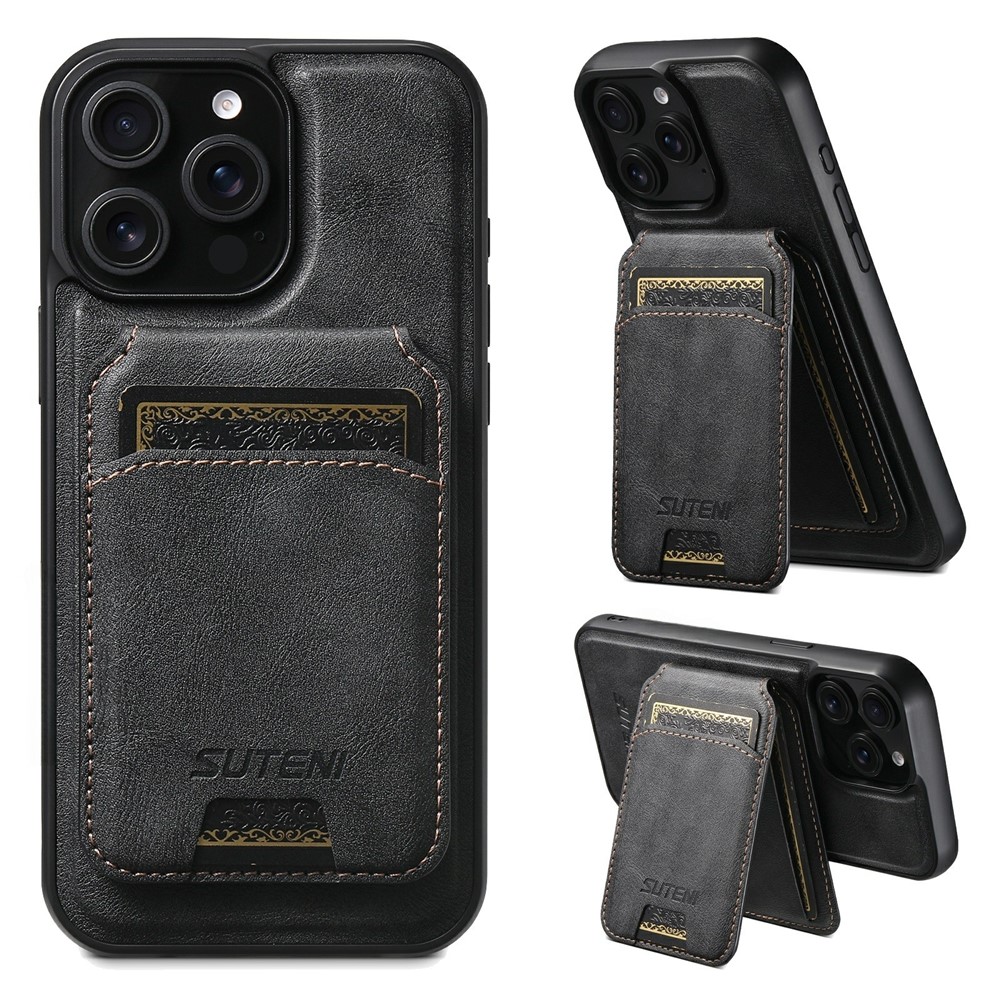 SUTENI M5 For iPhone 14 Pro Max Magnetic Case with Card Bag Cowhide Texture Leather Phone Back Cover - Black