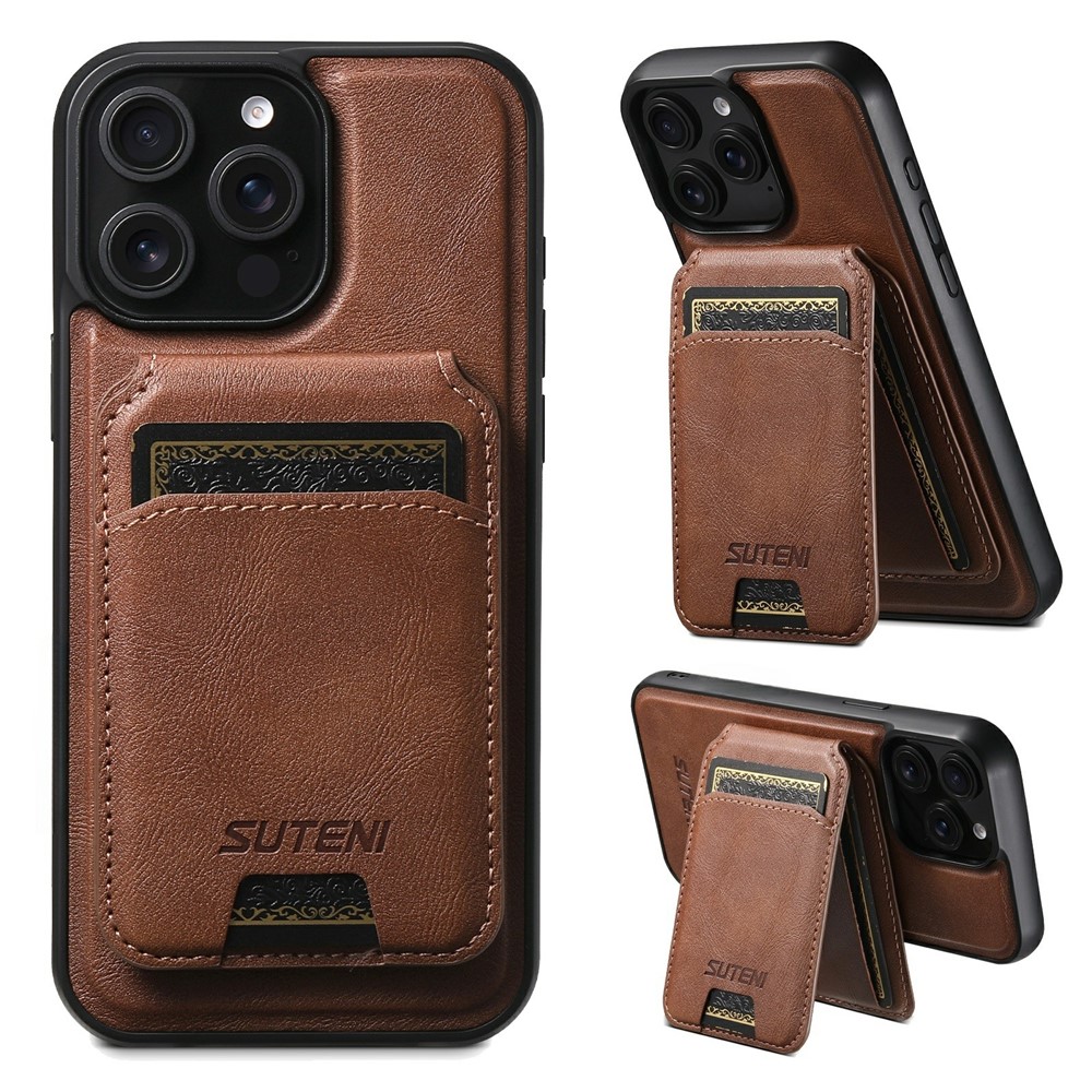 SUTENI M5 For iPhone 14 Pro Magnetic Case with Card Bag Cowhide Texture Leather Phone Back Cover - Brown