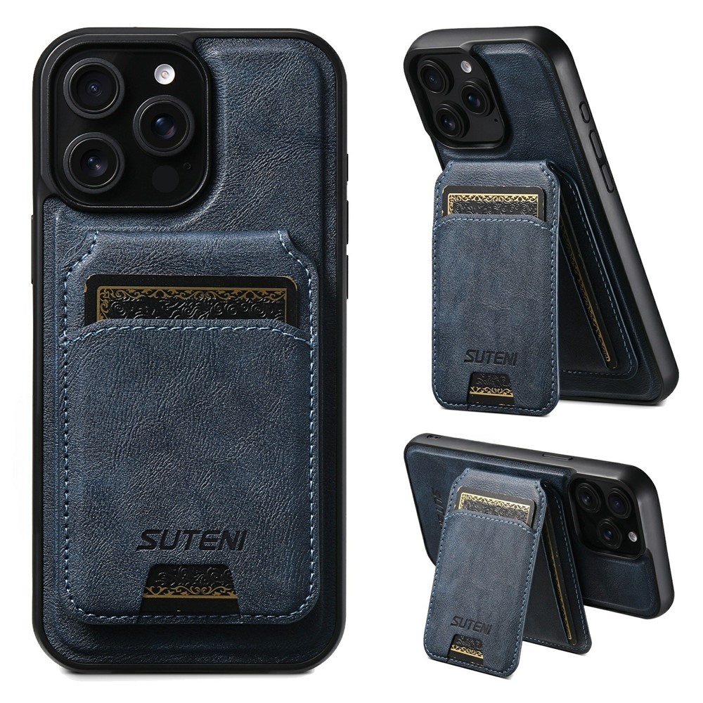SUTENI M5 For iPhone 13 Pro Magnetic Case with Card Bag Cowhide Texture Leather Phone Back Cover - Blue