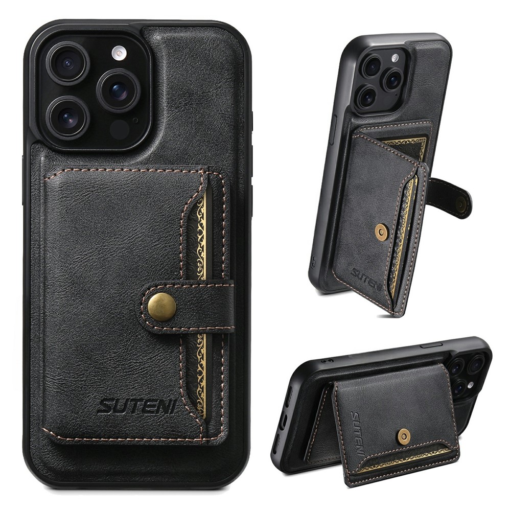 SUTENI M4 For iPhone 15 Pro Max Magnetic Case with Card Holder Cowhide Texture Leather Back Cover - Black
