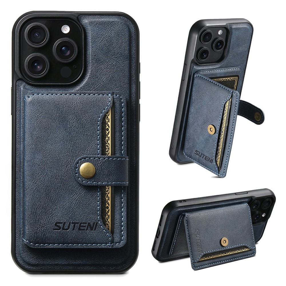 SUTENI M4 For iPhone 15 Pro Max Magnetic Case with Card Holder Cowhide Texture Leather Back Cover - Blue