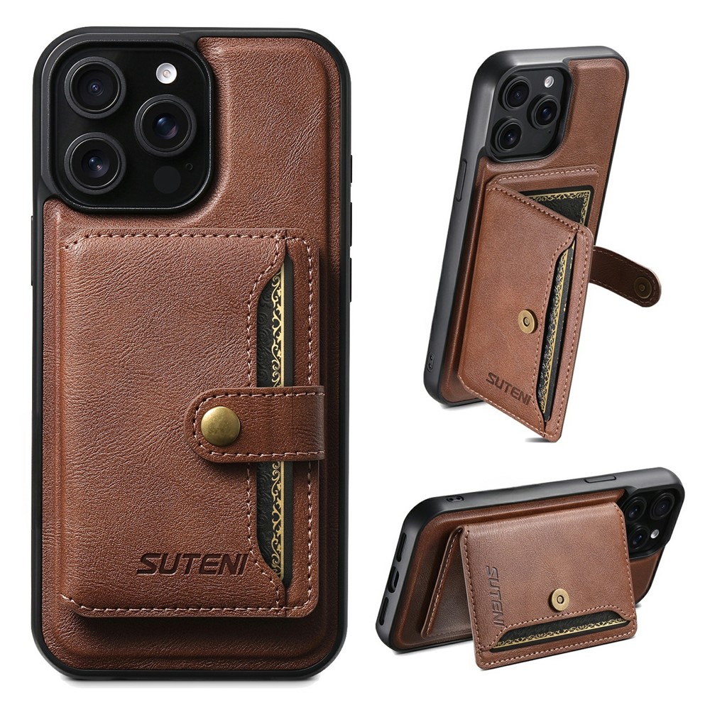 SUTENI M4 For iPhone 15 Pro Max Magnetic Case with Card Holder Cowhide Texture Leather Back Cover - Brown
