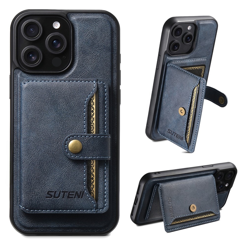 SUTENI M4 For iPhone 14 Pro Magnetic Case with Card Holder Cowhide Texture Leather Back Cover - Blue