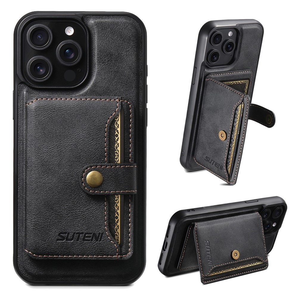 SUTENI M4 For iPhone 13 Pro Magnetic Case with Card Holder Cowhide Texture Leather Back Cover - Black