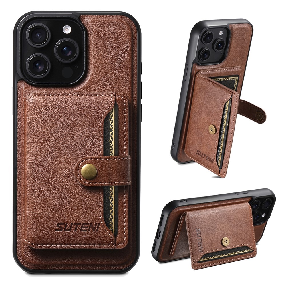 SUTENI M4 For iPhone 13 Pro Magnetic Case with Card Holder Cowhide Texture Leather Back Cover - Brown