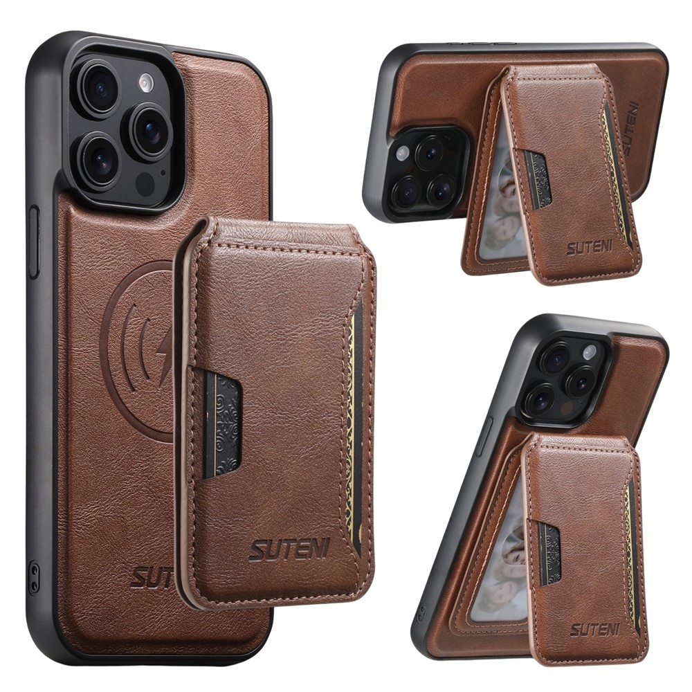 SUTENI M3 For iPhone 14 Pro Max Magnetic Case Cowhide Texture Leather Back Cover with Card Bag Kickstand - Brown