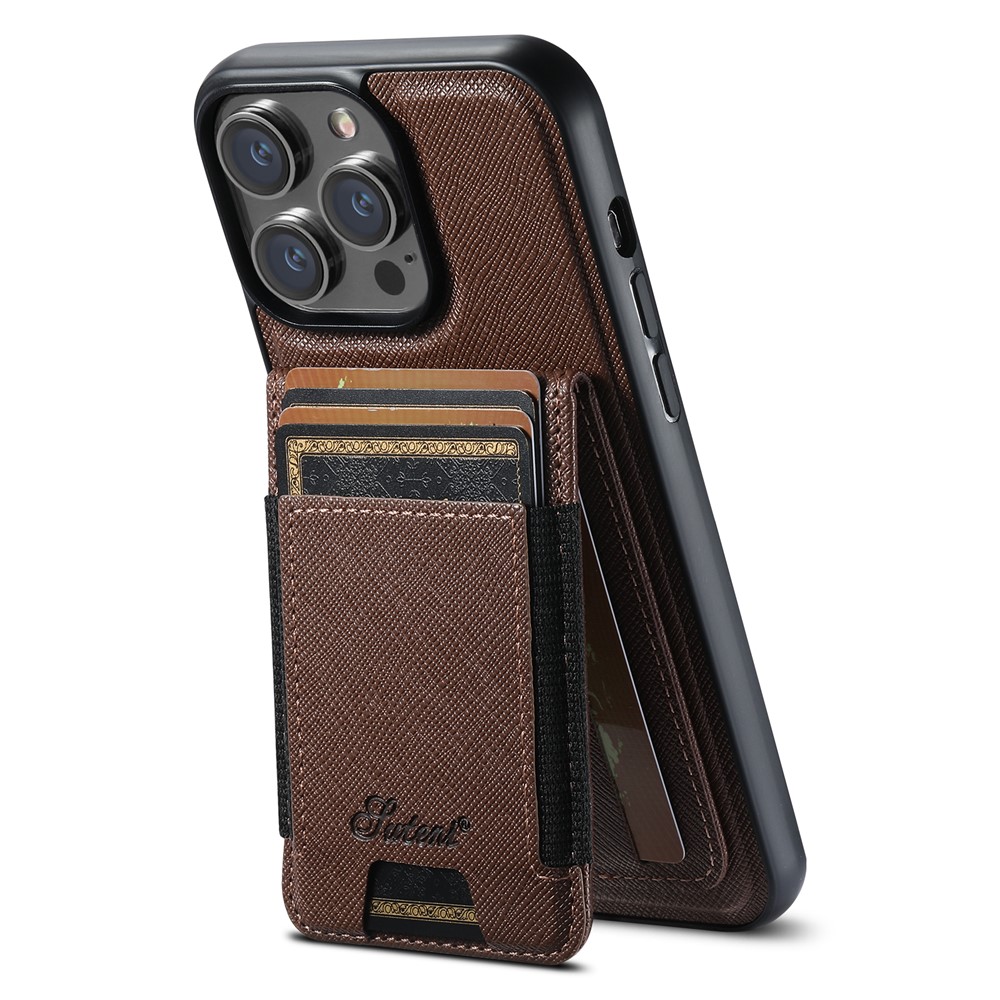 SUTENI H17 For iPhone 14 Pro Magnetic Case Cross Texture Leather Phone Back Cover with Detachable Card Bag - Brown