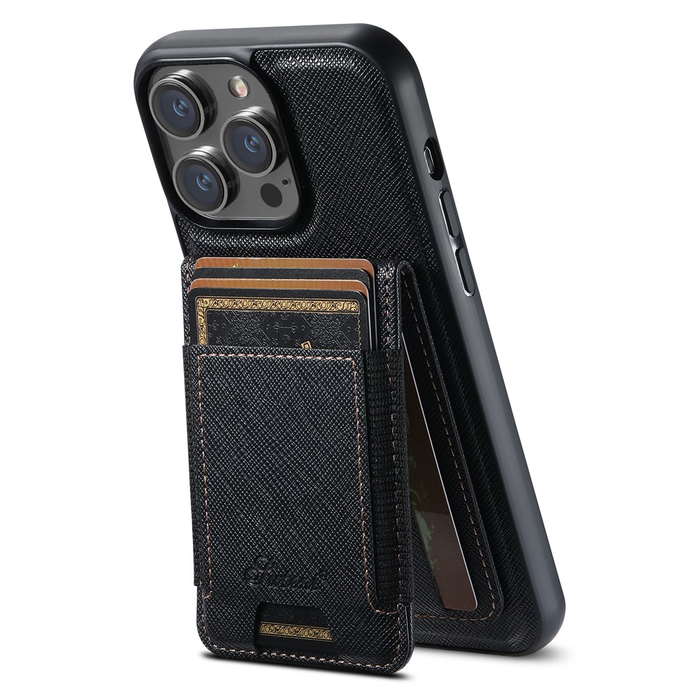 SUTENI H17 For iPhone 14 Pro Magnetic Case Cross Texture Leather Phone Back Cover with Detachable Card Bag - Black