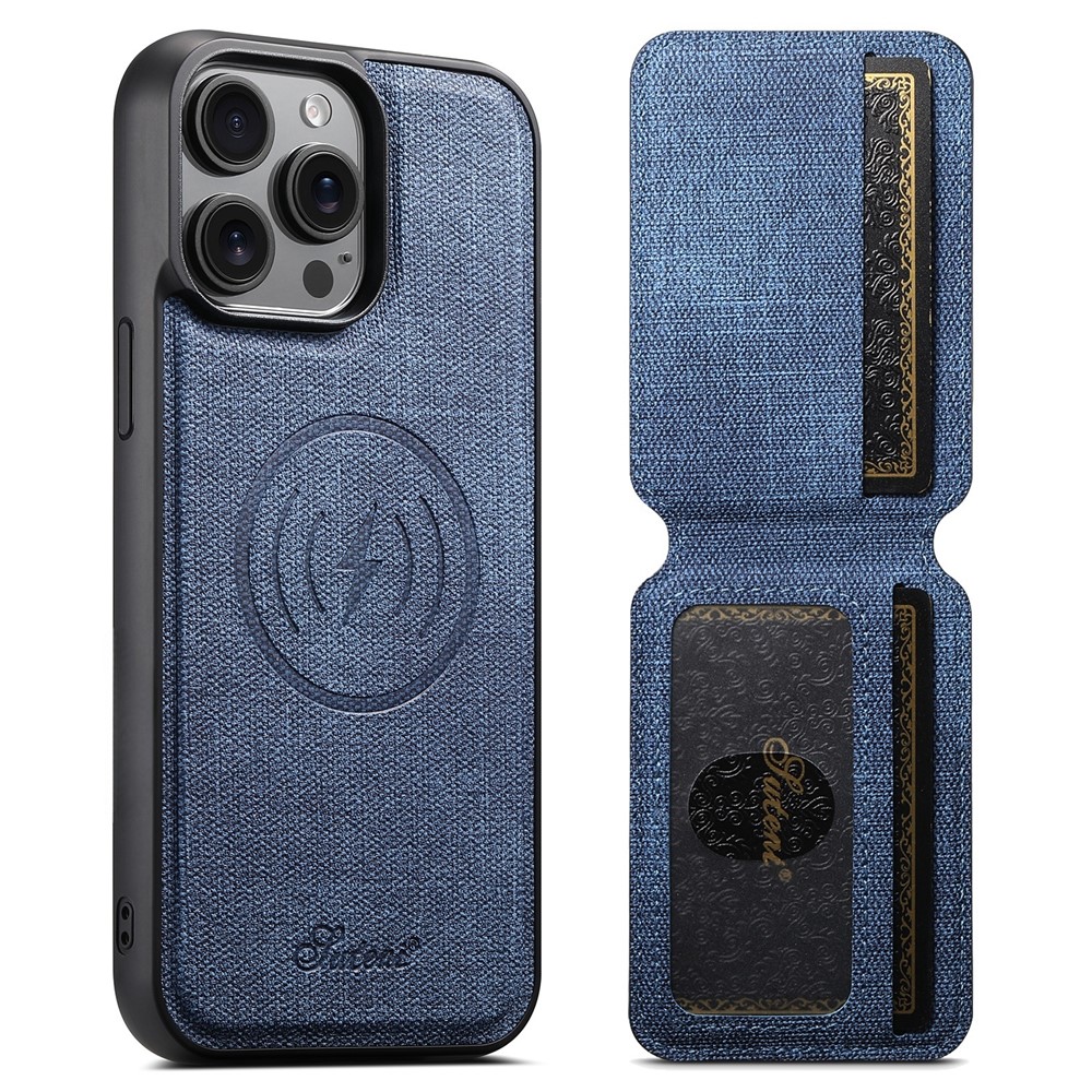 SUTENI H18 For iPhone 13 Pro Magnetic Case Jeans Cloth Texture Leather Back Cover with Card Bag - Blue