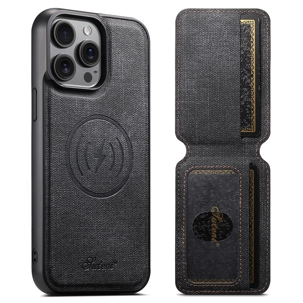 SUTENI H18 For iPhone 13 Pro Magnetic Case Jeans Cloth Texture Leather Back Cover with Card Bag - Black
