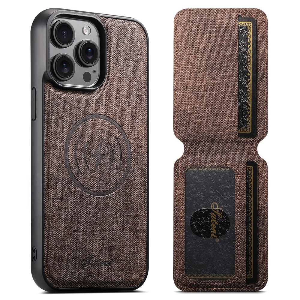 SUTENI H18 For iPhone 13 Pro Magnetic Case Jeans Cloth Texture Leather Back Cover with Card Bag - Brown