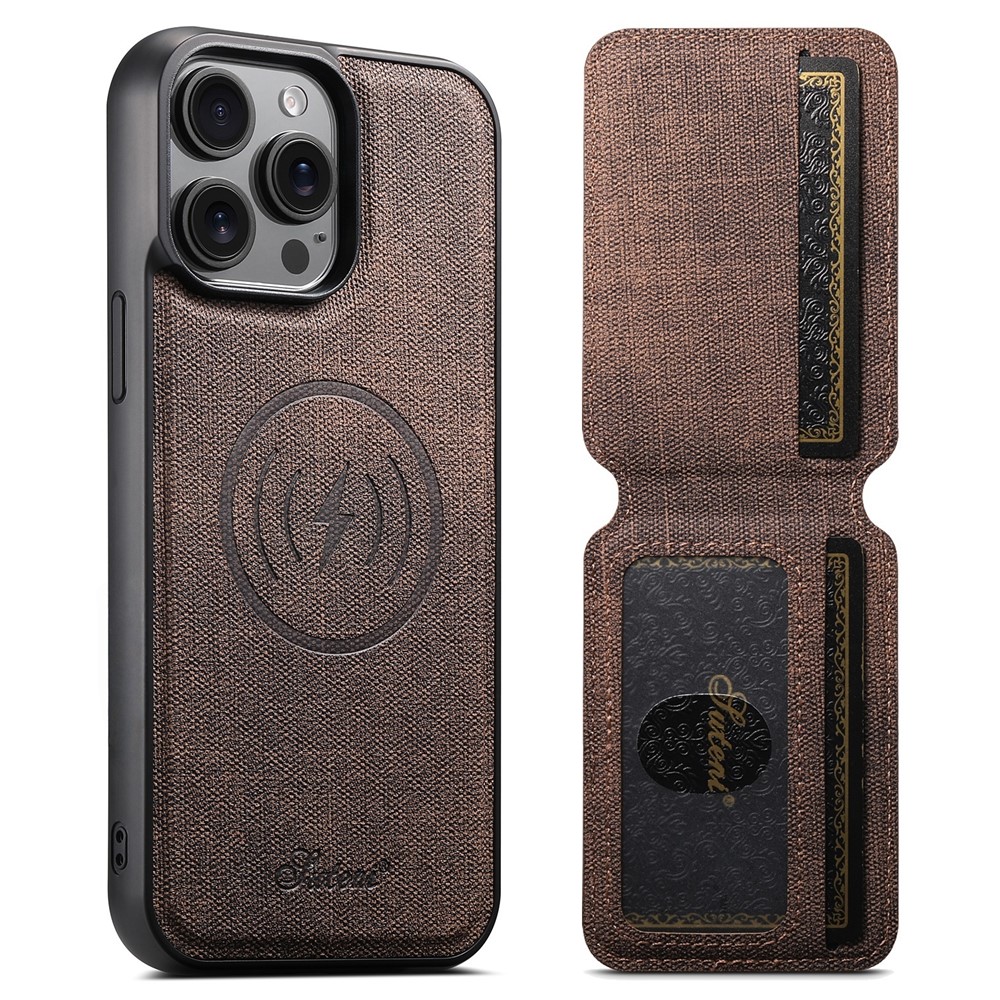 SUTENI H18 For iPhone 13 Pro Max Magnetic Case Jeans Cloth Texture Leather Back Cover with Card Bag - Brown