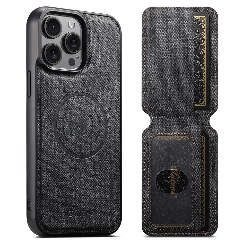 SUTENI H18 For iPhone 13 Pro Max Magnetic Case Jeans Cloth Texture Leather Back Cover with Card Bag - Black