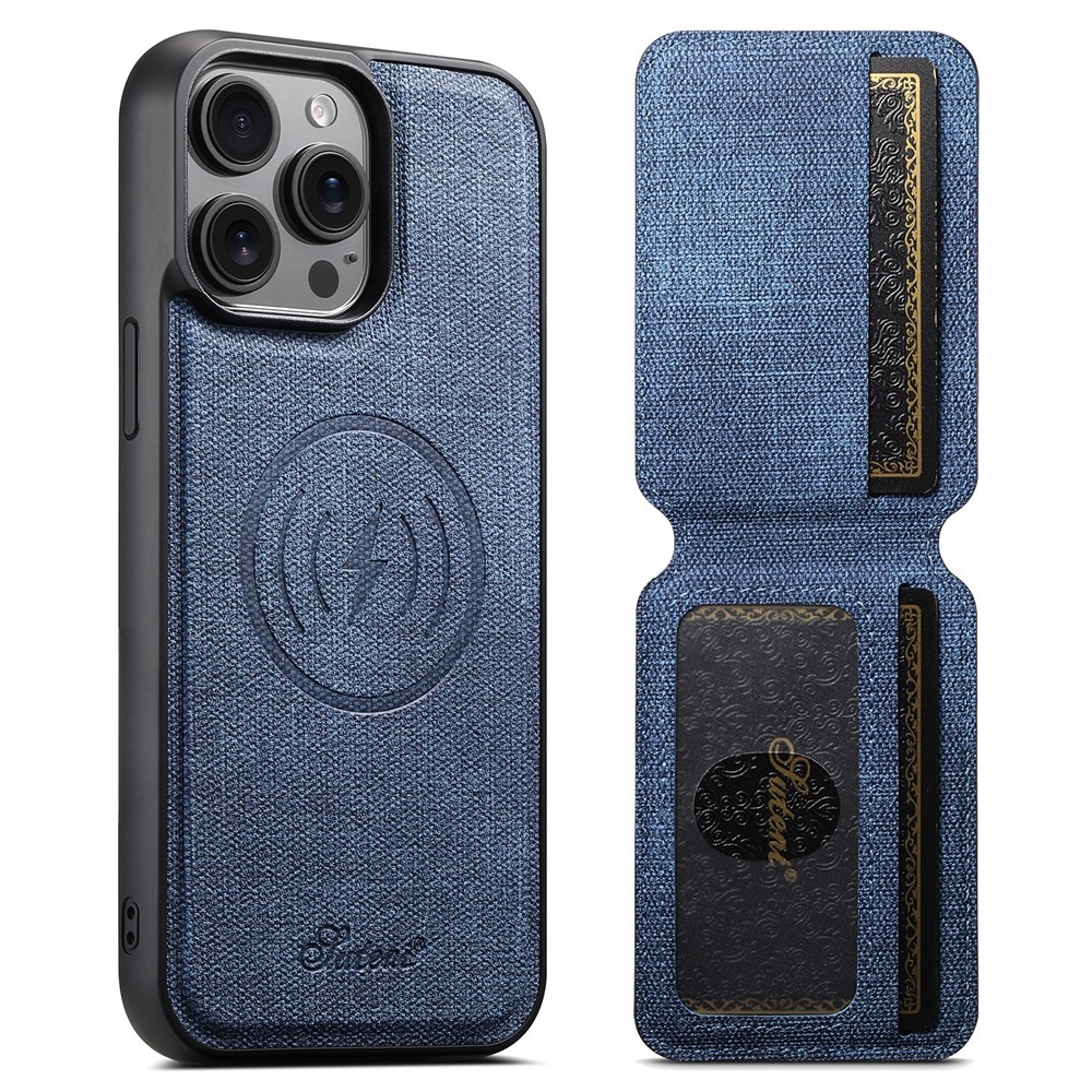 SUTENI H18 For iPhone 15 Pro Max Magnetic Case Jeans Cloth Texture Leather Back Cover with Card Bag - Blue