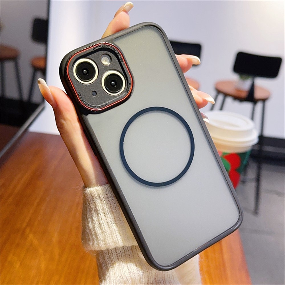 For iPhone 15 Case Compatible with MagSafe Red Lens Ring Shockproof TPU + PC Translucent Phone Cover