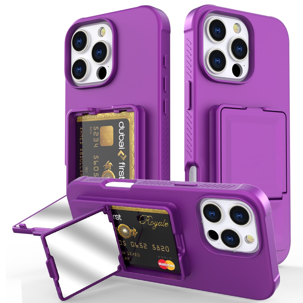 For iPhone 16 Pro Max Case Skin-Touch Card Holder TPU + PC Phone Cover with Mirror Kickstand - Dark Purple