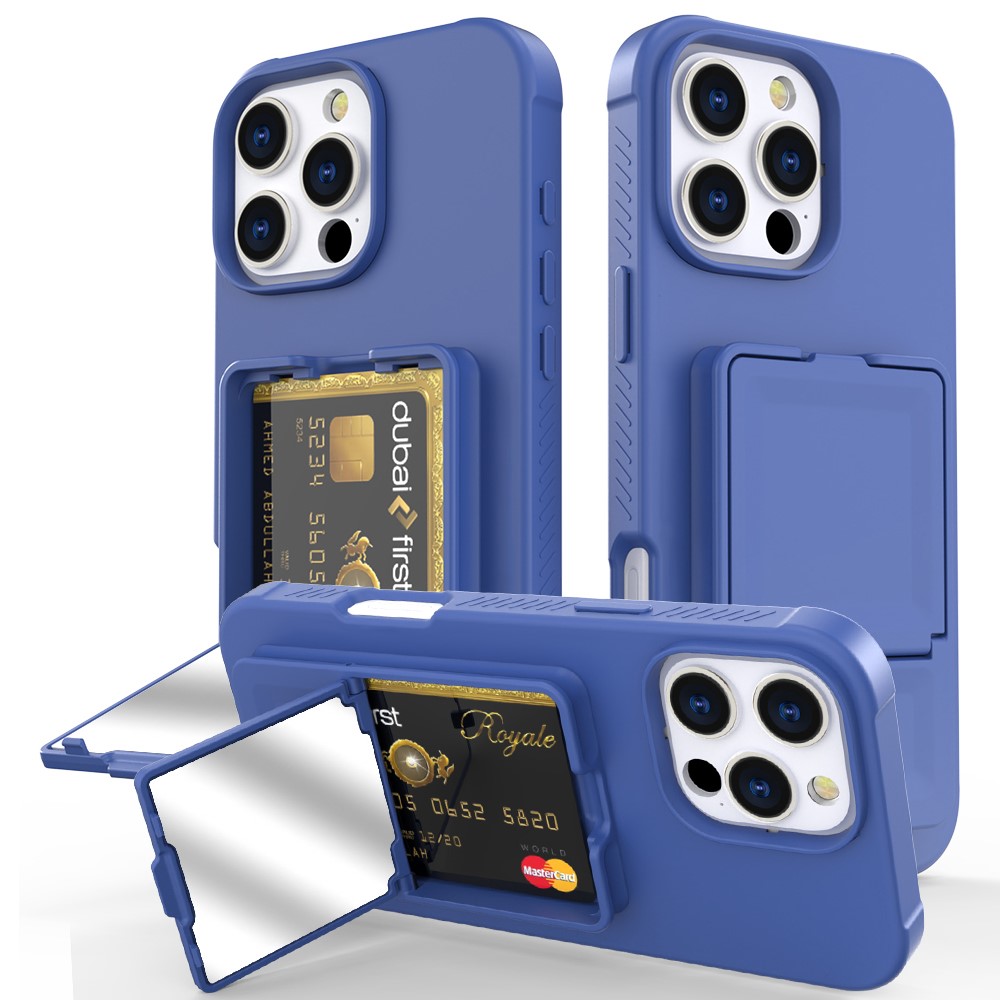 For iPhone 16 Pro Max Case Skin-Touch Card Holder TPU + PC Phone Cover with Mirror Kickstand - Blue