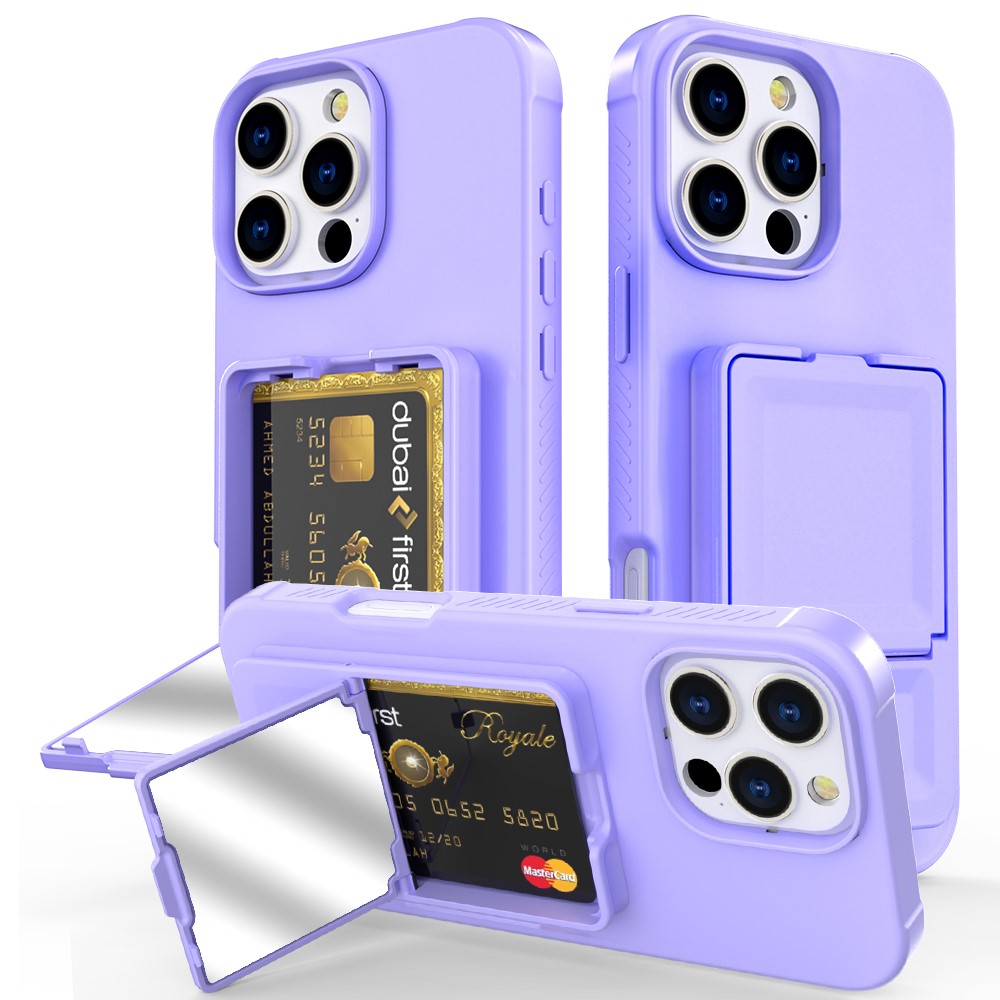 For iPhone 16 Pro Max Case Skin-Touch Card Holder TPU + PC Phone Cover with Mirror Kickstand - Light Purple