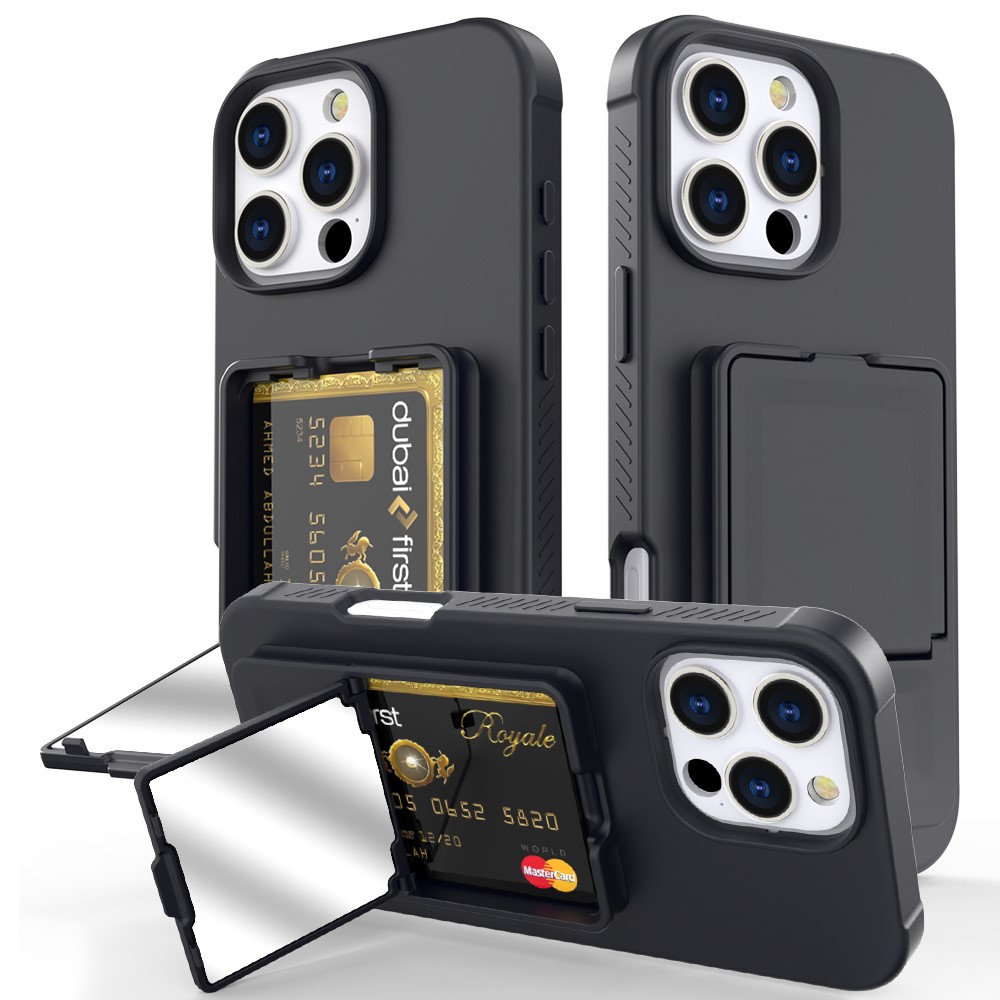 For iPhone 16 Pro Max Case Skin-Touch Card Holder TPU + PC Phone Cover with Mirror Kickstand - Black