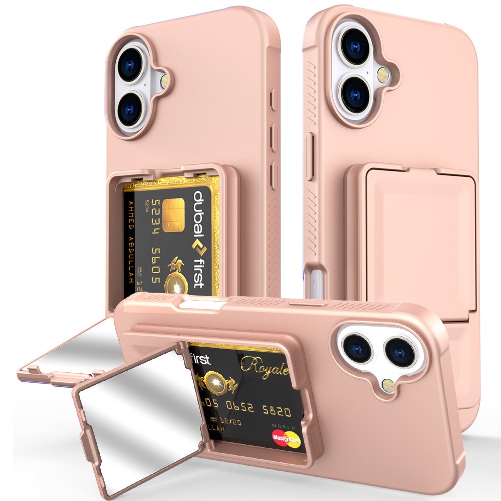 For iPhone 16 Plus Case Skin-Touch Card Holder TPU + PC Phone Cover with Mirror Kickstand - Rose Gold