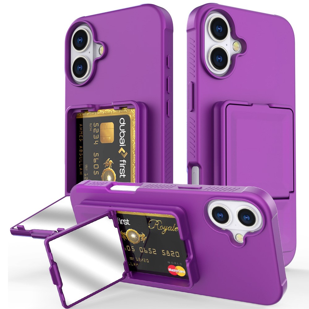 For iPhone 16 Plus Case Skin-Touch Card Holder TPU + PC Phone Cover with Mirror Kickstand - Dark Purple