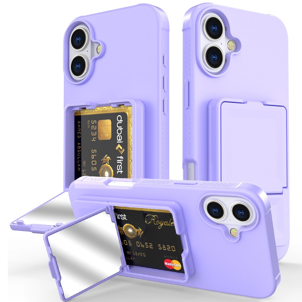 For iPhone 16 Plus Case Skin-Touch Card Holder TPU + PC Phone Cover with Mirror Kickstand - Light Purple