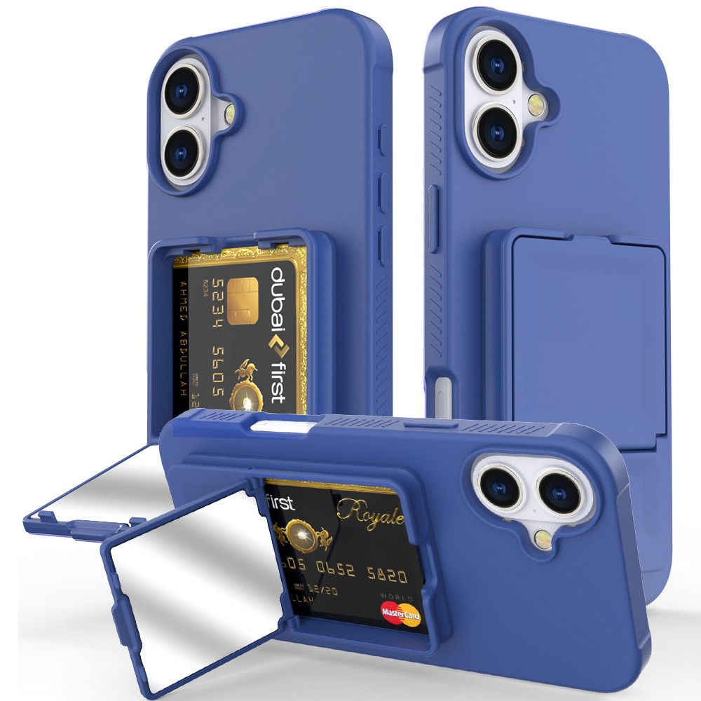 For iPhone 16 Plus Case Skin-Touch Card Holder TPU + PC Phone Cover with Mirror Kickstand - Blue