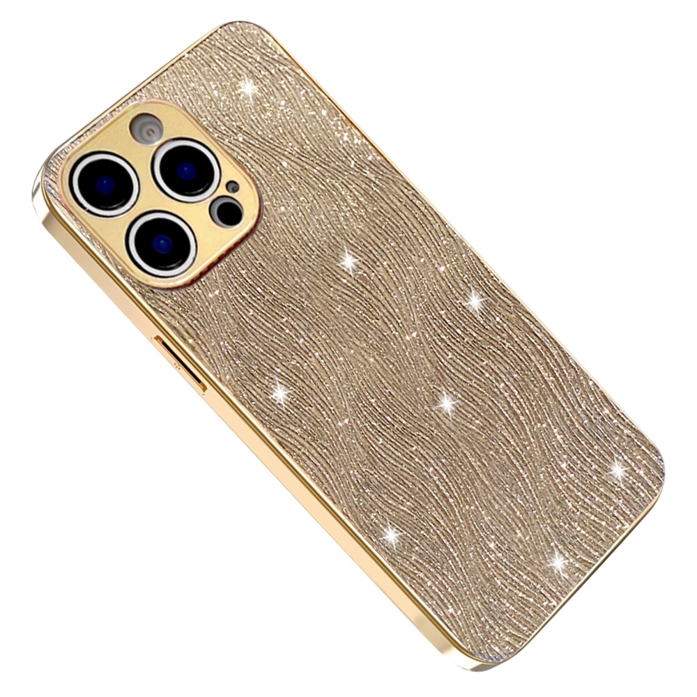 For iPhone 15 Pro Max Case Electroplating Ripple Texture PU + TPU + PC Phone Back Cover - Gold
