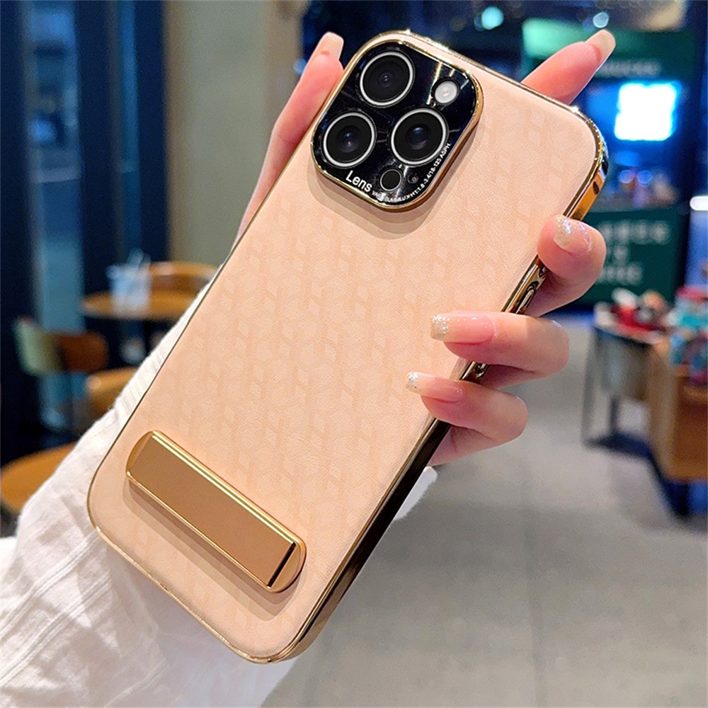 For iPhone 15 Pro Case PU Leather + PC Electroplated Phone Cover with Kickstand