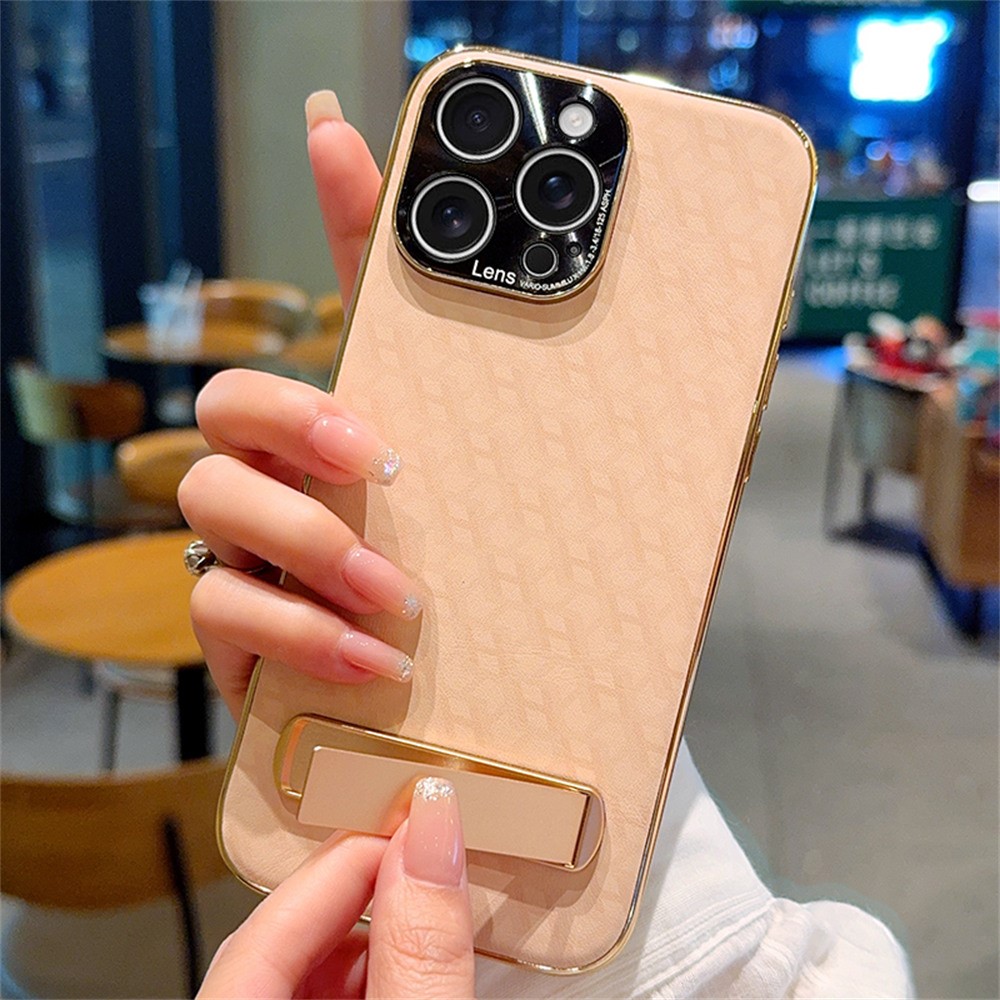 For iPhone 16 Pro Max Case PU Leather + PC Electroplated Phone Cover with Kickstand