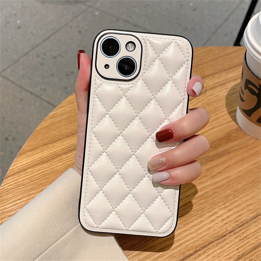 For iPhone 15 Case Rhombus Stitching PU Leather + TPU Shockproof Phone Cover - White
